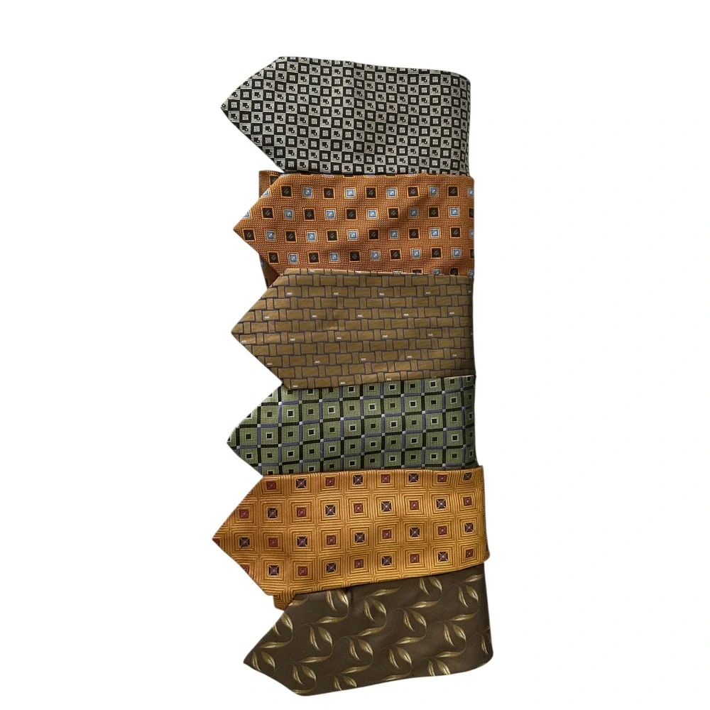 Mens Necktie Bundle Lot 6pc Gold Green Brown Geometric‎ Leaf Professional Ties